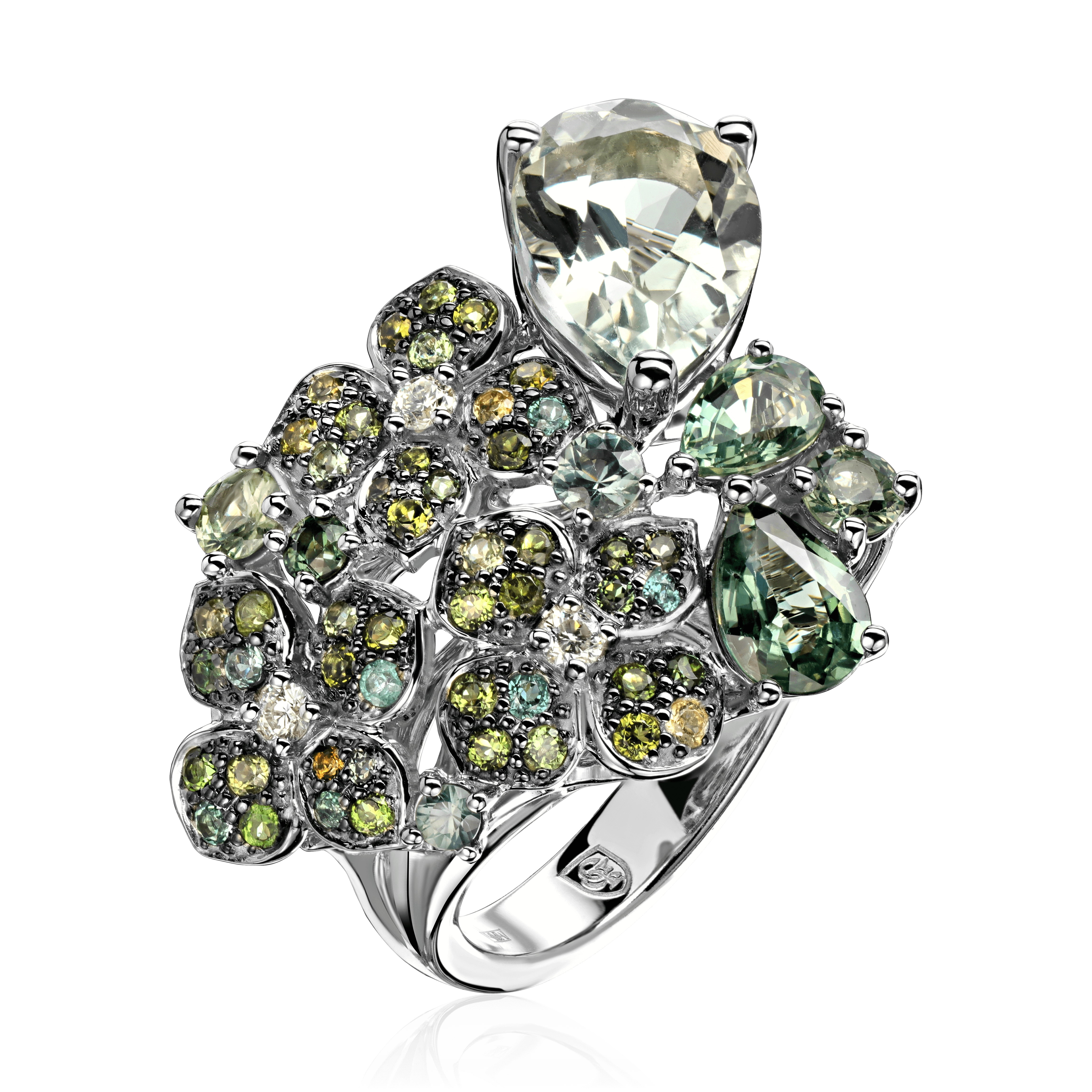 Кольцо с празиолитом, турмалином, цветными сапфирами, бриллиантами из белого золота 585 пробы, фото № 1
