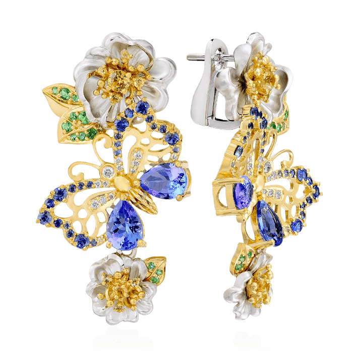 Серьги с танзанитом, тсаворитом, бриллиантами, цветными сапфирами из комбинированного золота 750 пробы (арт. 38684)
