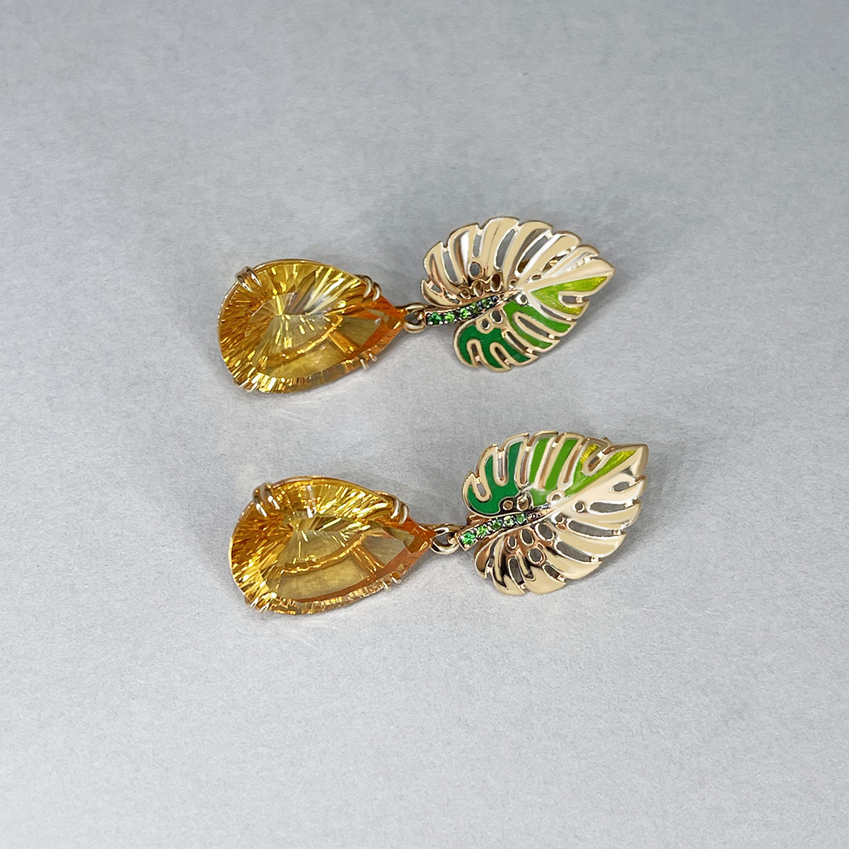 Серьги Листья с цитрином, тсаворитом, эмалью из желтого золота 585 пробы, фото № 2