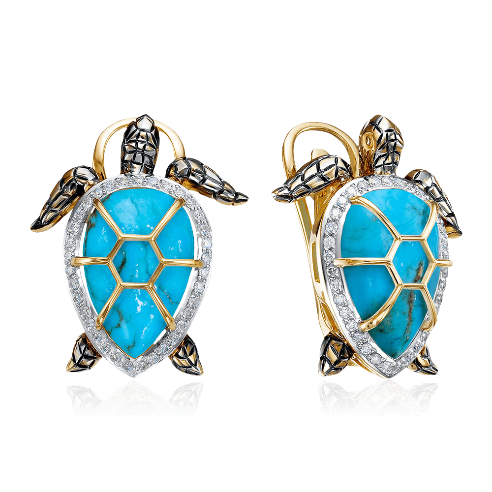 Серьги с бирюзой, бриллиантами из желтого золота 585 пробы (арт. 124110)