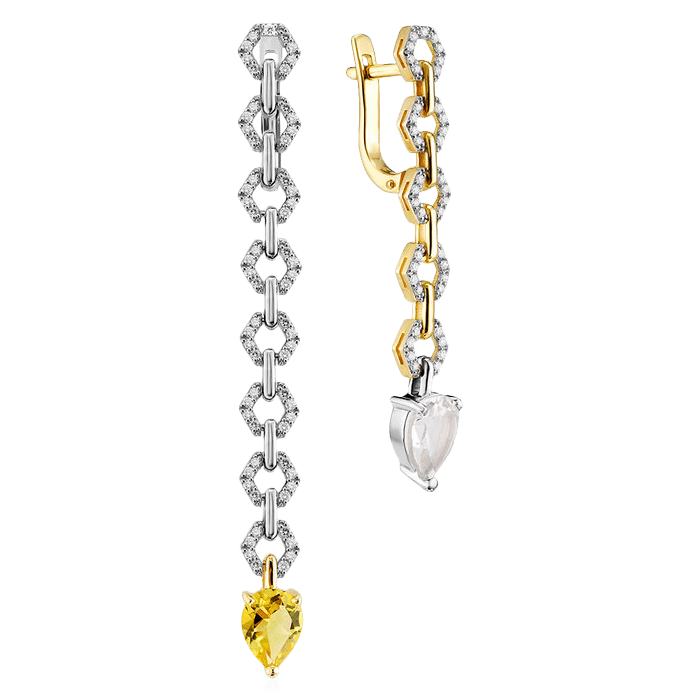 Асимметричные серьги с цитрином, бриллиантами из желтого золота 585 пробы (арт. 92585)