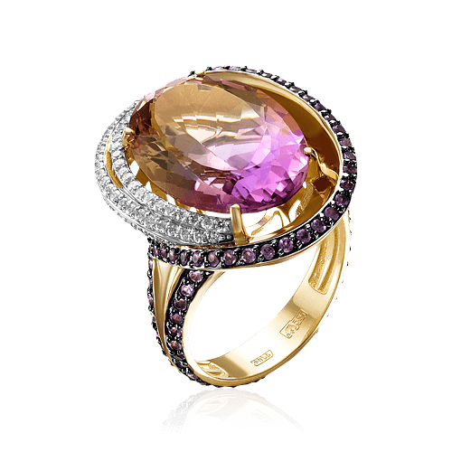 Кольцо с аметрином, аметистом, бриллиантами из желтого золота 585 пробы, фото № 1