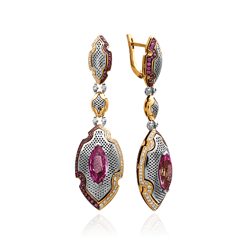Серьги с розовыми сапфирами, бриллиантами из комбинированного золота 750 пробы, фото № 1