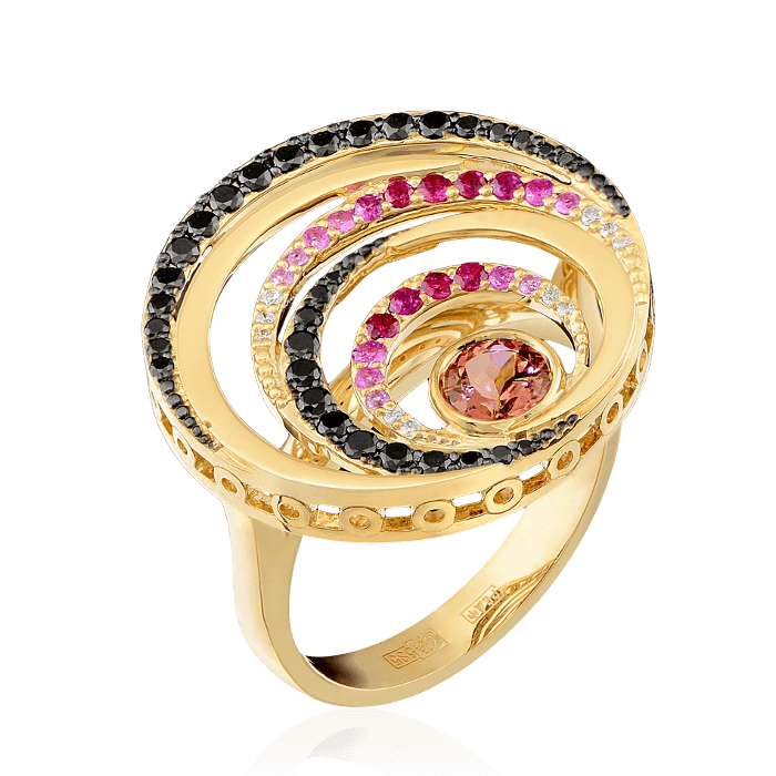 Кольцо с бриллиантами, турмалином, сапфиром фантазийным из желтого золота 585 пробы (арт. 36160)
