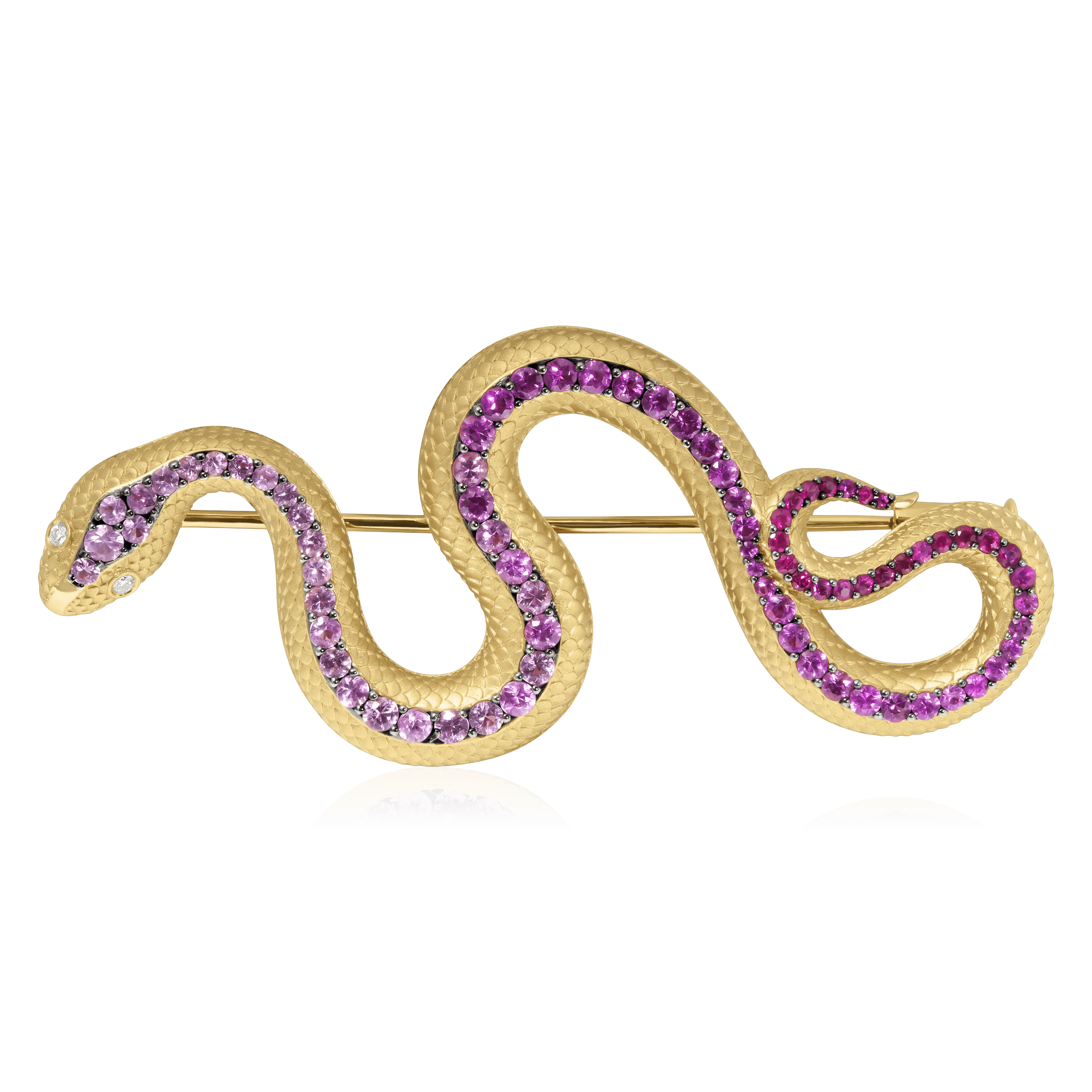 Брошь Змея с рубинами, розовыми сапфирами, бриллиантами из желтого золота 750 пробы (арт. 102133)