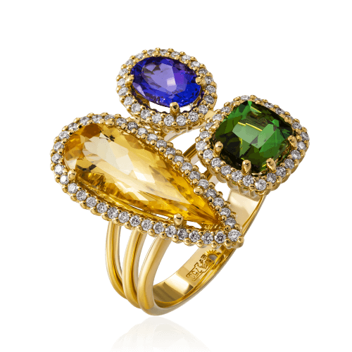 Кольцо с желтым топазом, турмалином, танзанитом, бриллиантами из желтого золота 750 пробы (арт. 61882)
