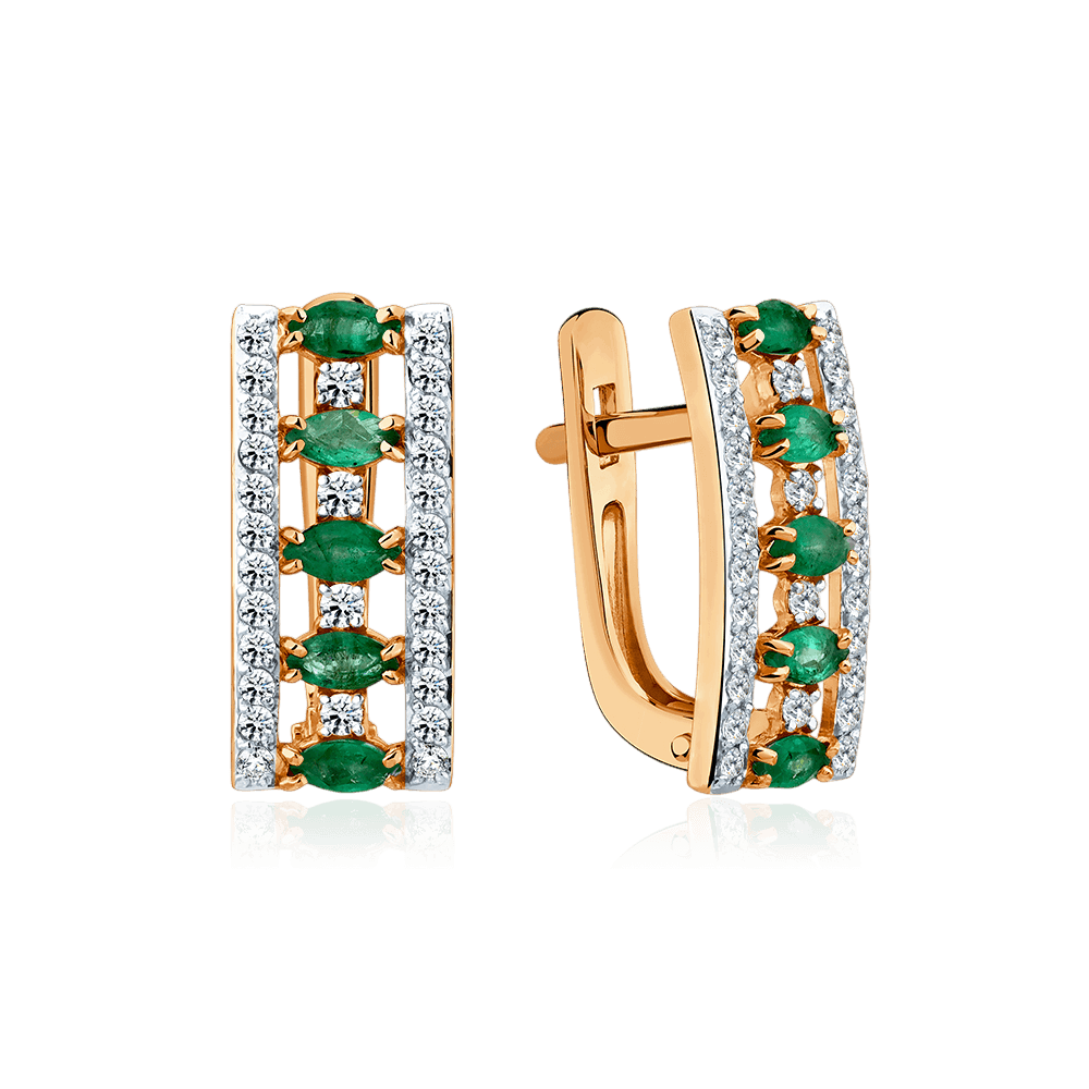 Серьги с изумрудом, бриллиантами из красного золота 585 пробы (арт. 132696)