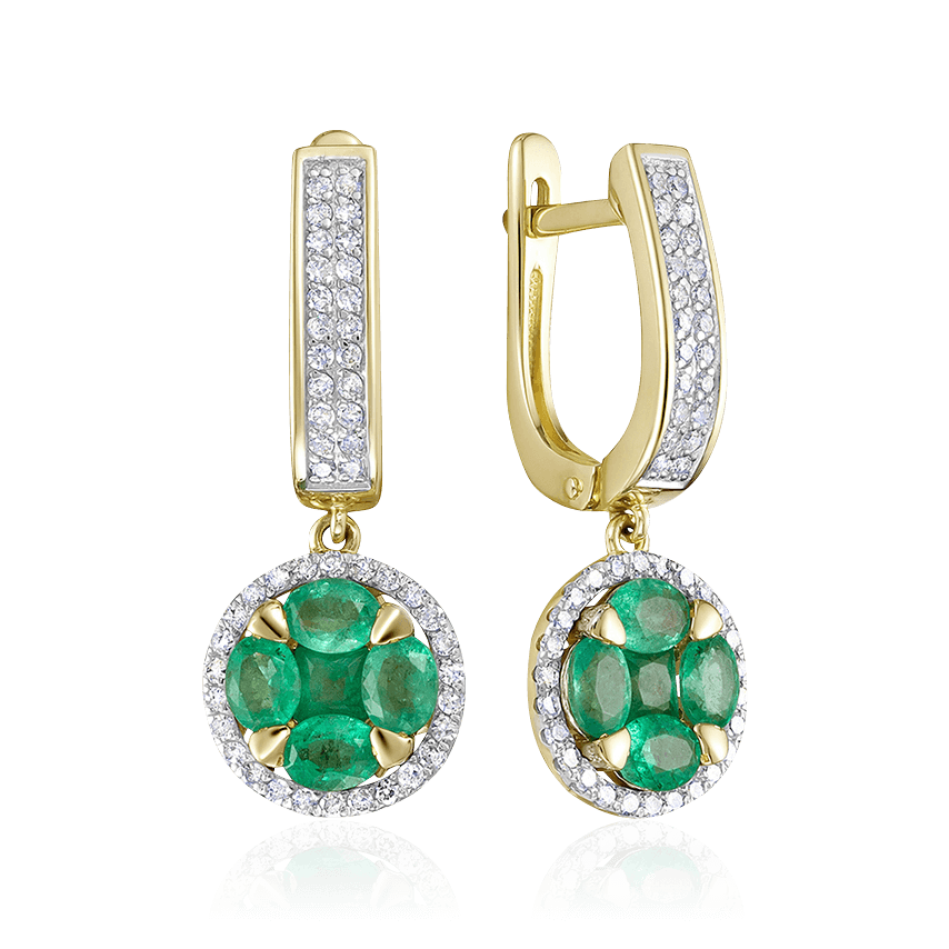 Серьги с бриллиантами, изумрудом из желтого золота 585 пробы, фото № 1