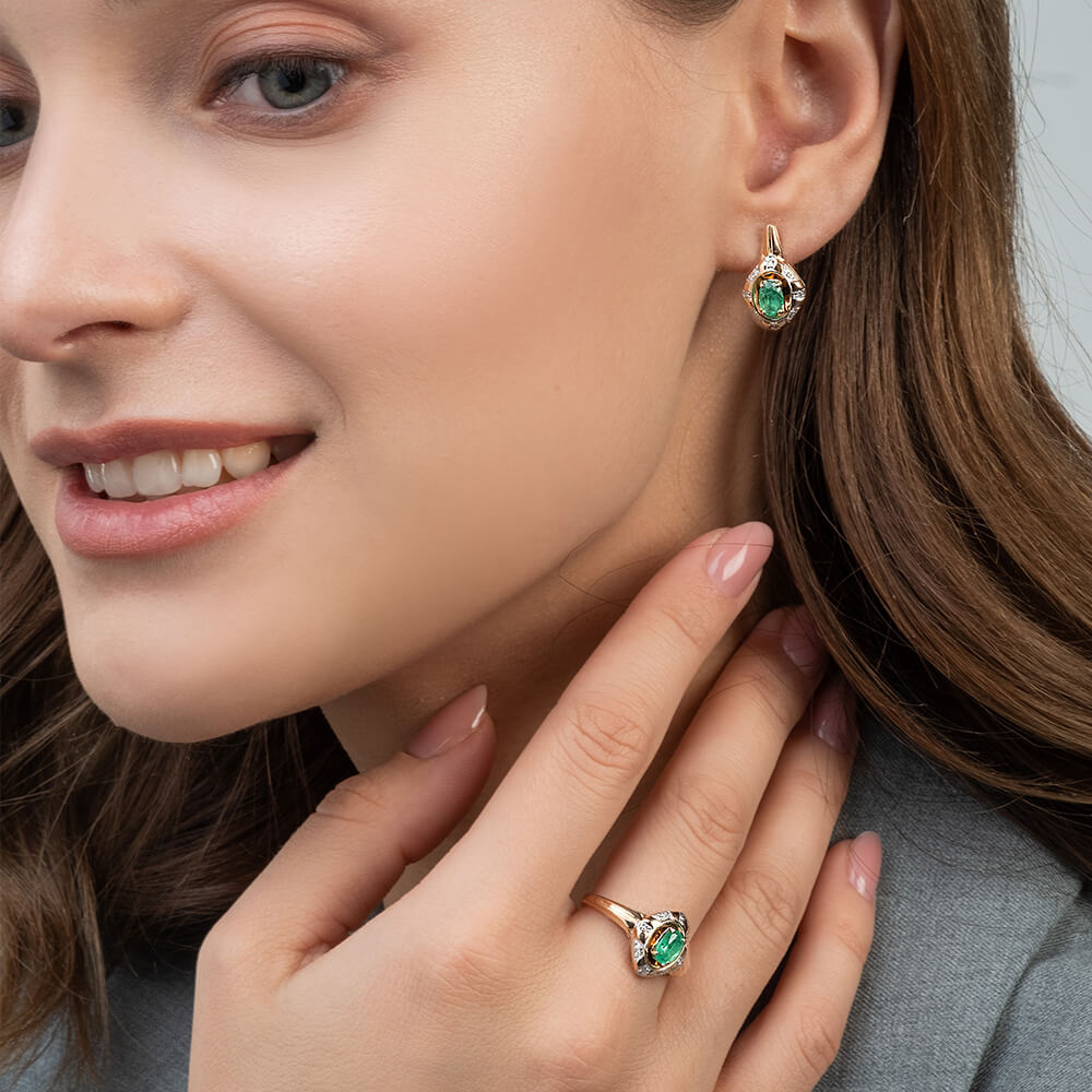 Серьги с изумрудом, бриллиантами из красного золота 585 пробы, фото № 2
