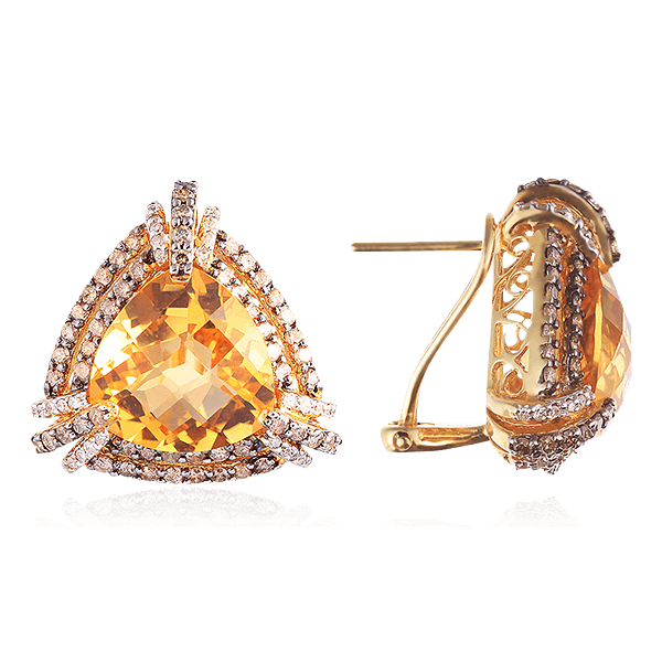 Серьги с бриллиантами, цитрином из желтого золота 585 пробы, фото № 1