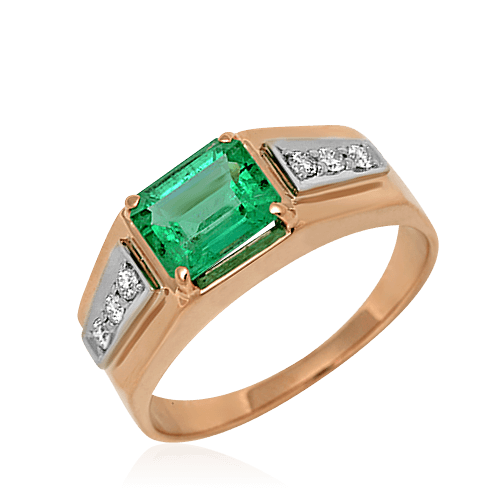 Мужское кольцо с изумрудом, бриллиантами из комбинированного золота 585 пробы (арт. 39277)