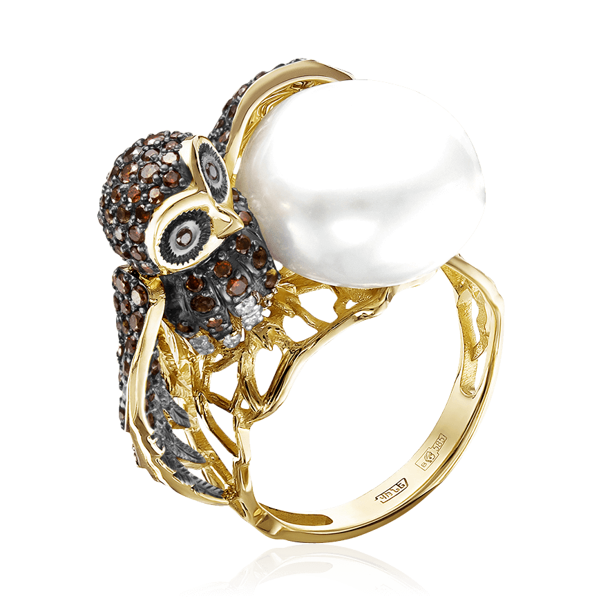 Кольцо Сова с бриллиантами из желтого золота 585, фото № 1