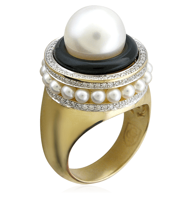 Кольцо с жемчугом, агатом, бриллиантами из желтого золота 585 пробы (арт. 57881)