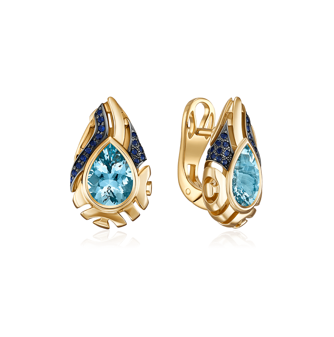 Серьги с аквамарином, сапфиромиз желтого золота 585 пробы (арт. 126458)