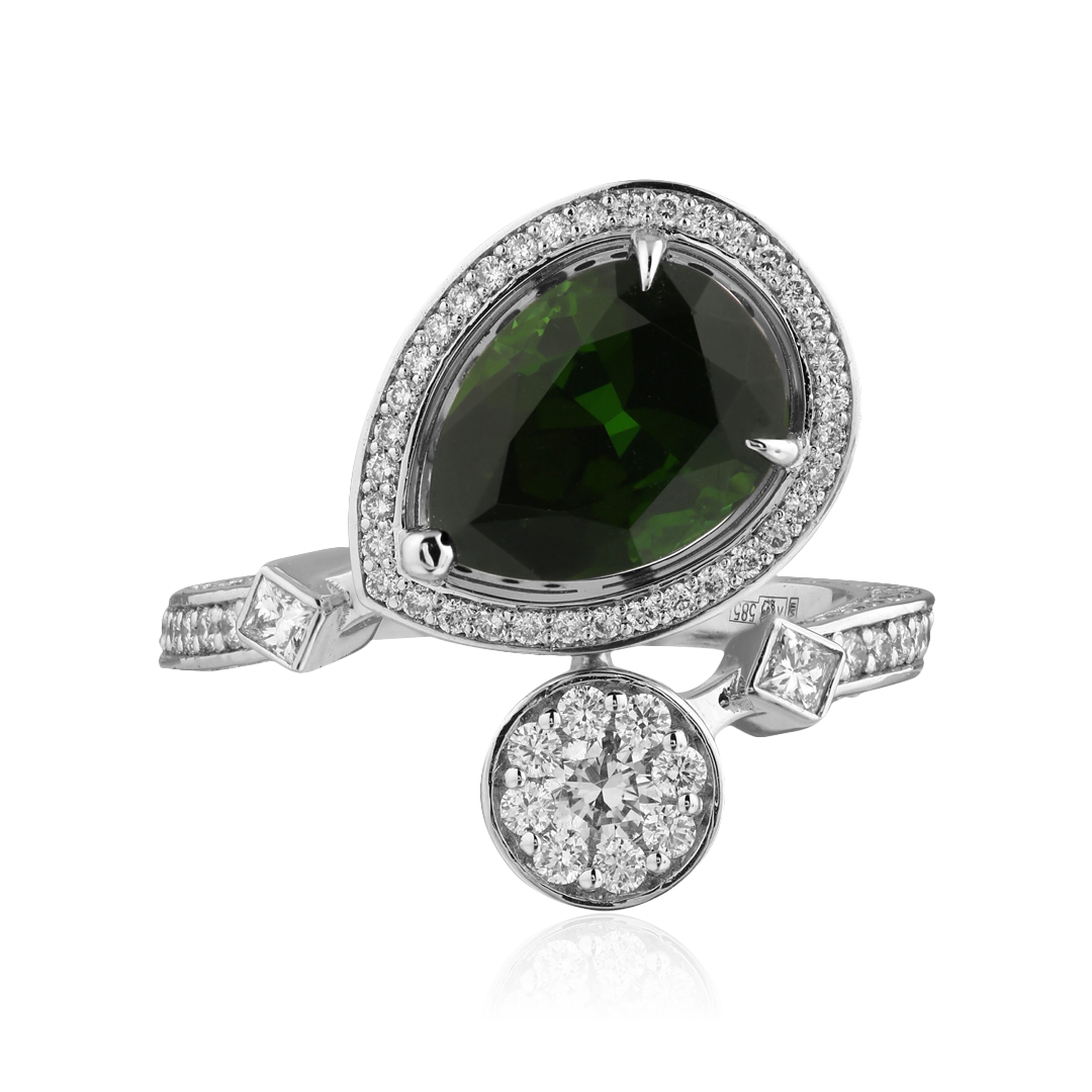 Кольцо с бриллиантами, турмалином из белого золота 585 пробы, фото № 2