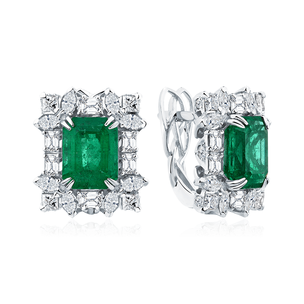 Серьги с изумрудом, бриллиантами из белого золота 585 пробы, фото № 1