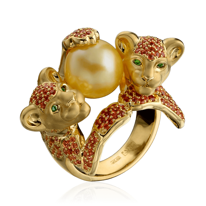 Кольцо Два тигренка с жемчугом и цветными камнями в желтом золоте 750 пробы (арт. 28107)
