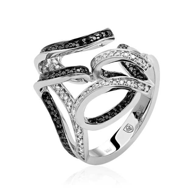 Кольцо с белыми и черными бриллиантами из белого золота 585 (арт. 85031)
