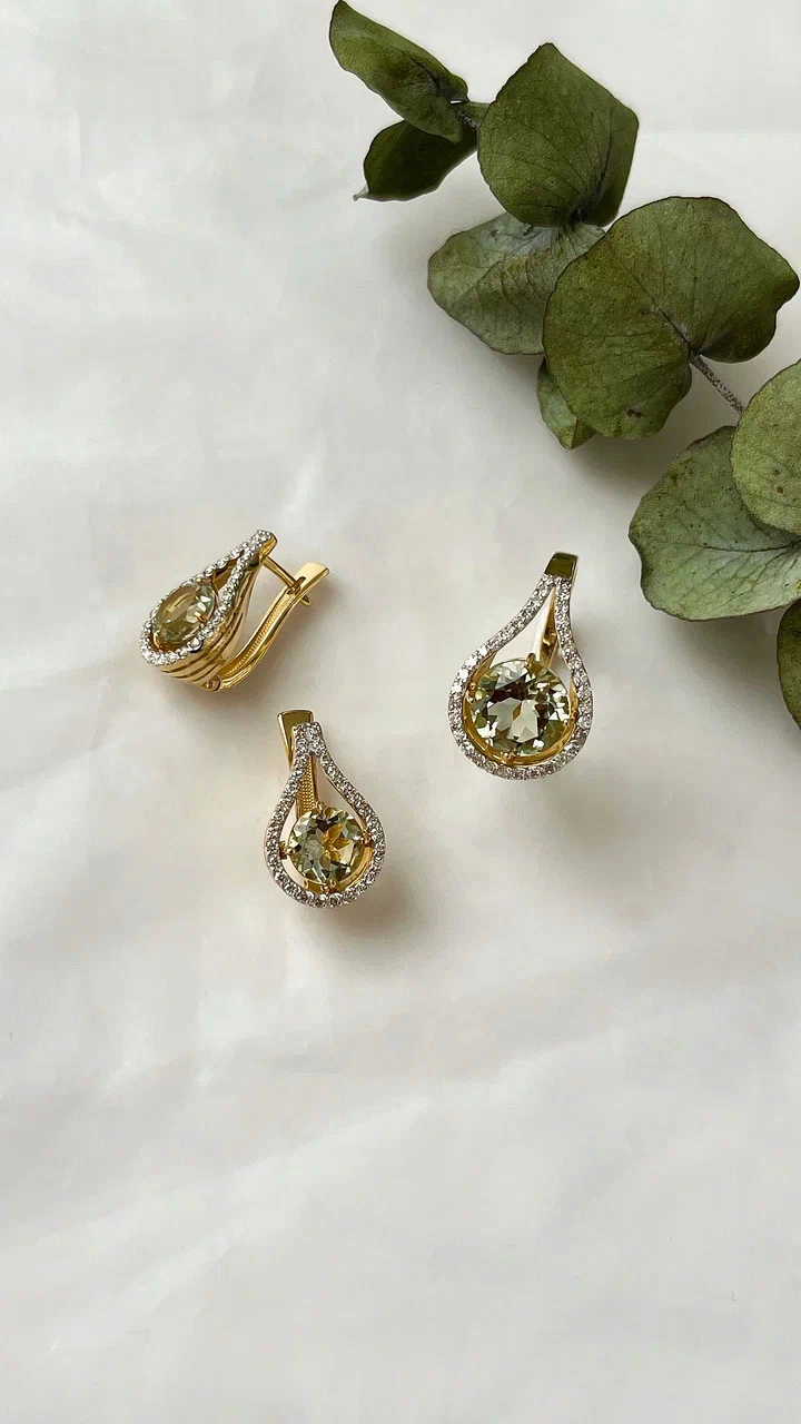 Серьги с бриллиантами, празиолитом из желтого золота 585 пробы, фото № 3