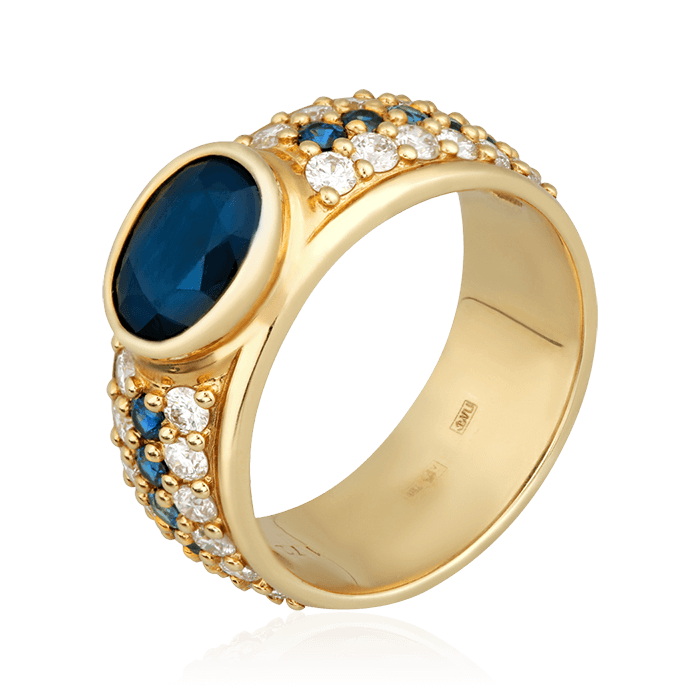 Кольцо с сапфиром, бриллиантами из желтого золота 750 пробы (арт. 75606)