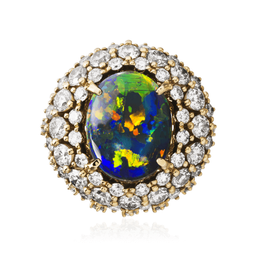 Кольцо с опалом, сапфиром, бриллиантами из желтого золота 750 пробы, фото № 2