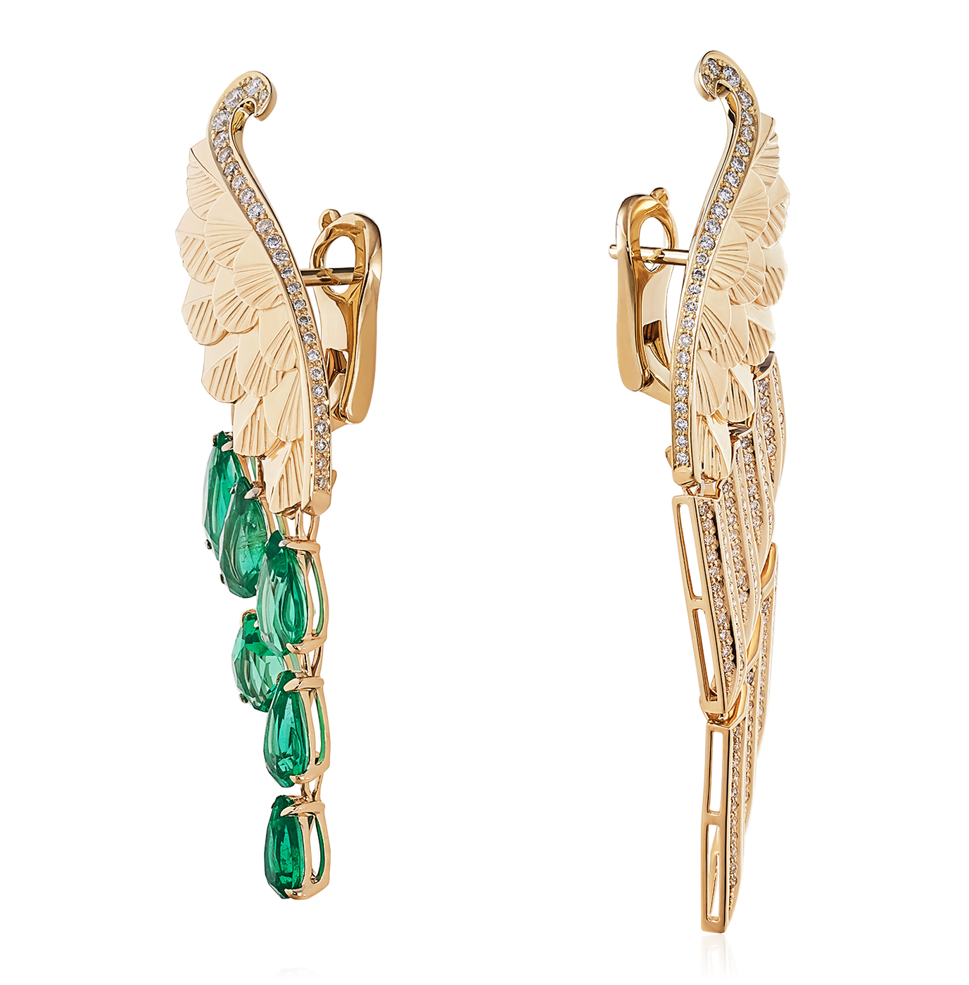Асимметричные серьги Крылья с изумрудами и бриллиантами в желтом  золоте 750 пробы, фото № 2