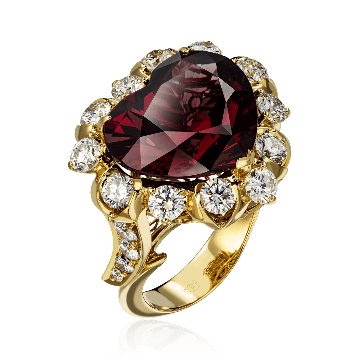 Кольцо в форме сердца с родолитом, бриллиантами из желтого золота 750 пробы, фото № 1