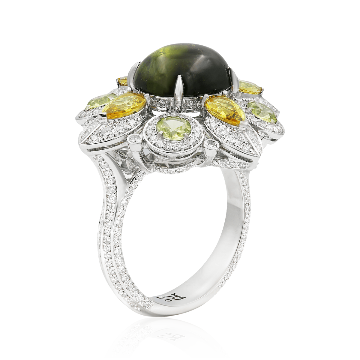 Кольцо в виде цветка с сапфиром, бриллиантами, хризолитом, турмалином из белого золота 750 пробы, фото № 3