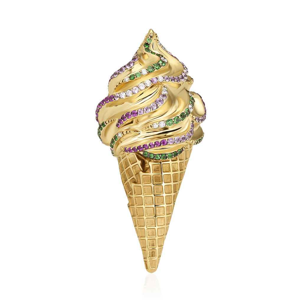 Брошь Мороженое с розовыми сапфирами, тсаворитом, бриллиантами из желтого золота 750 пробы, фото № 1