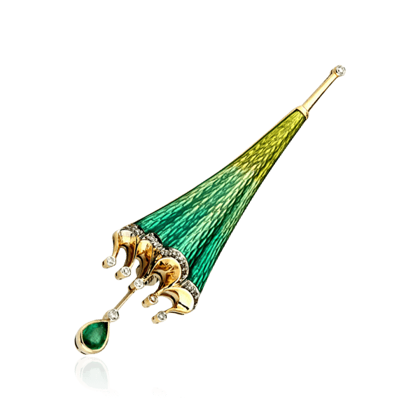 Брошь «Укол зонтиком» с изумрудом и бриллиантами из желтого золота 750 пробы, фото № 1
