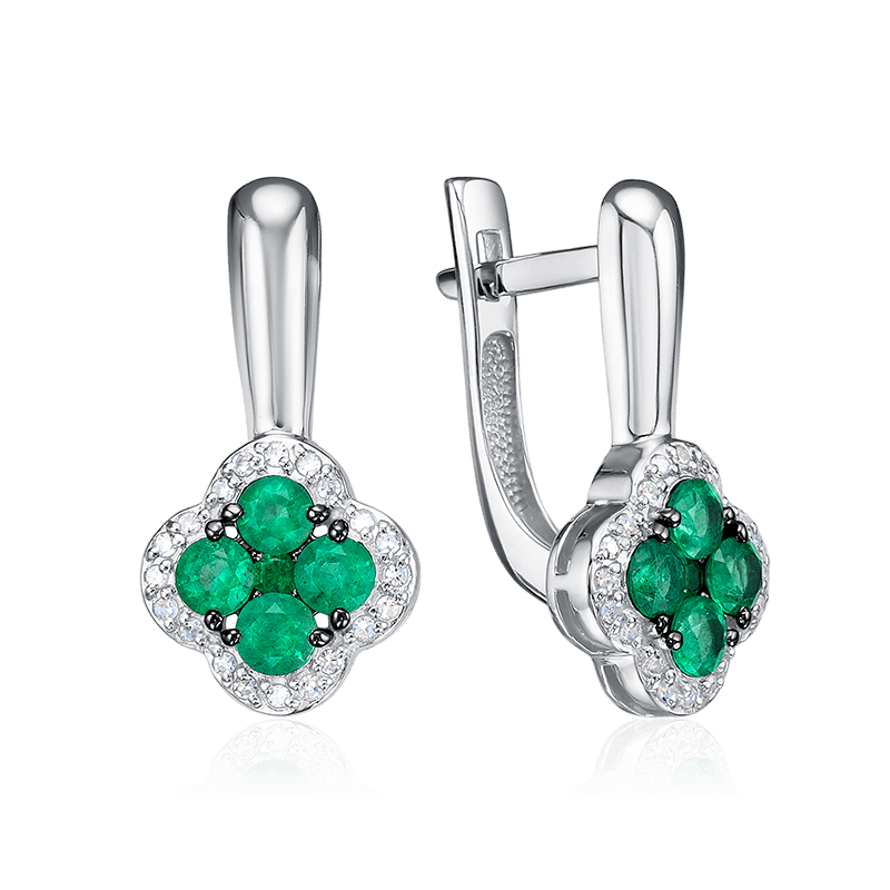 Серьги с изумрудом, бриллиантами из белого золота 585 пробы (арт. 125303)