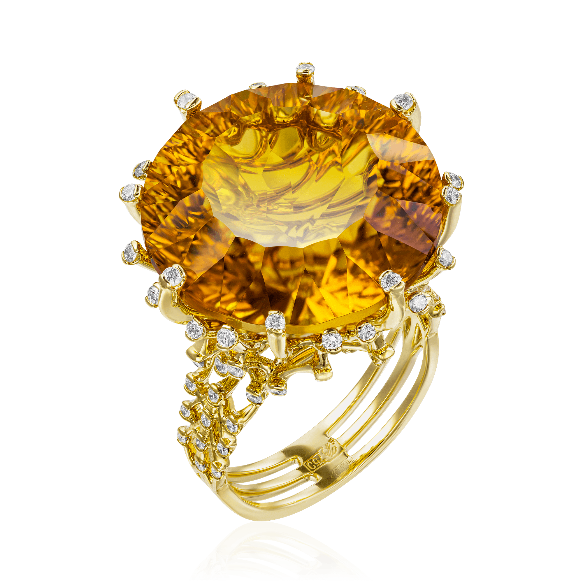 Кольцо с цитрином, бриллиантами из желтого золота 750 пробы (арт. 90904)