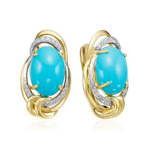 Серьги с бирюзой, бриллиантами из желтого золота 585 пробы, фото № 1