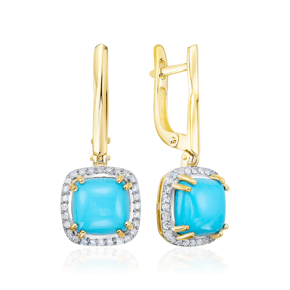 Серьги с бирюзой, бриллиантами из желтого золота 585 пробы (арт. 132294)