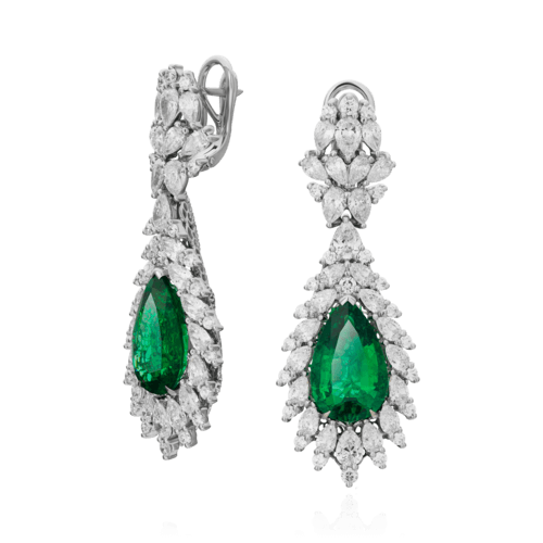 Серьги с изумрудами, бриллиантами из белого золота 750 пробы, фото № 1