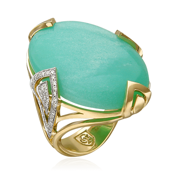 Кольцо с хризопразом, бриллиантами из желтого золота 585 пробы, фото № 1