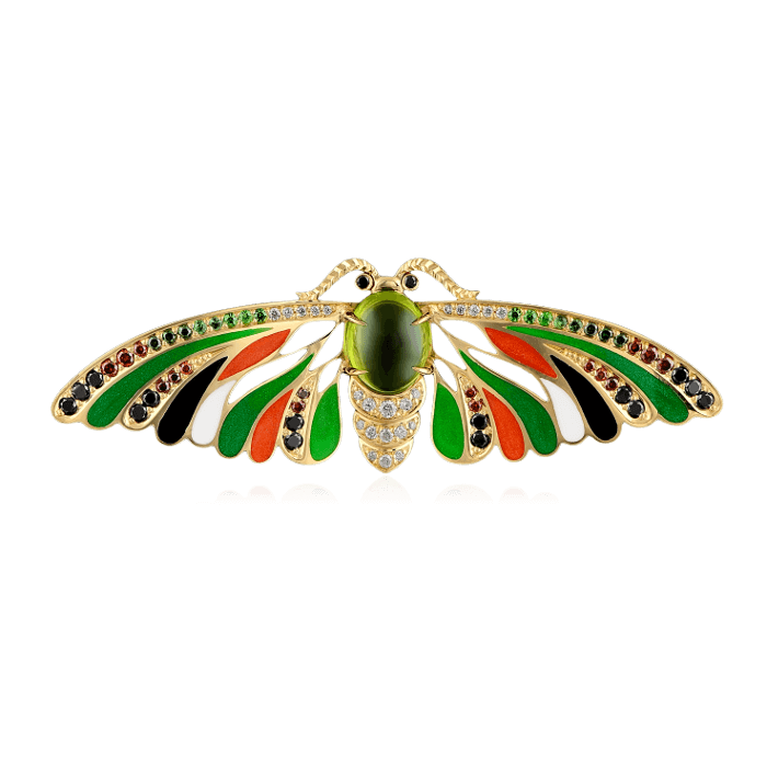 Брошь Бабочка с цветными камнями и бриллиантами в желтом золоте 750 пробы (арт. 28312)