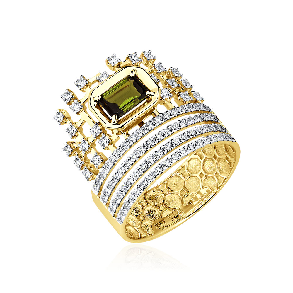 Кольцо с бриллиантами, турмалином из желтого золота 585 пробы (арт. 102752)