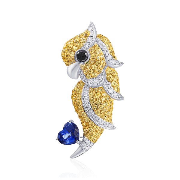Брошь-кулон Попугай с синим и желтыми сапфирами, бриллиантами из белого золота 750 пробы (арт. 51681)