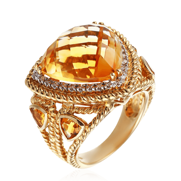 Кольцо с цитрином, бриллиантами в желтом золоте 585 пробы, фото № 1