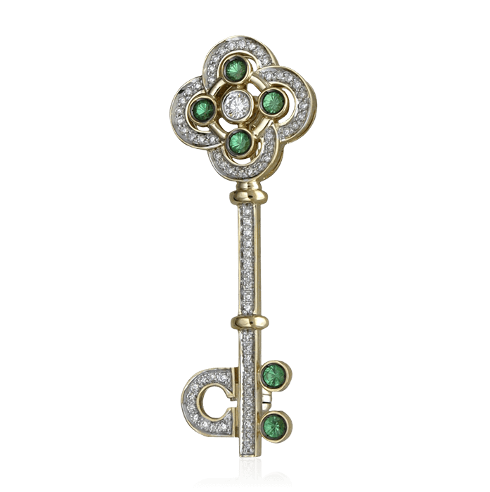 Брошь в виде Ключа с тсаворитом, бриллиантами  из желтого золота 585 пробы (арт. 57880)