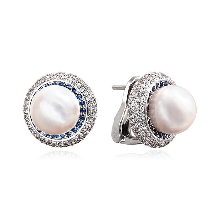 Серьги с сапфиром, бриллиантами, жемчугом из белого золота 585 пробы, фото № 1