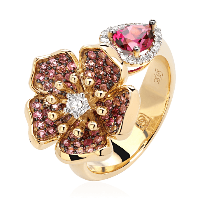 Кольцо в виде цветка с родолитом, турмалином, бриллиантами из желтого золота 585 пробы (арт. 90486)