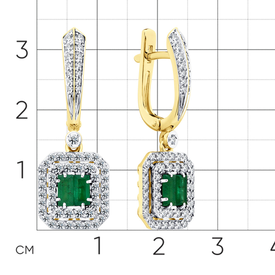 Серьги с изумрудом, бриллиантами из желтого золота 585 пробы, фото № 2