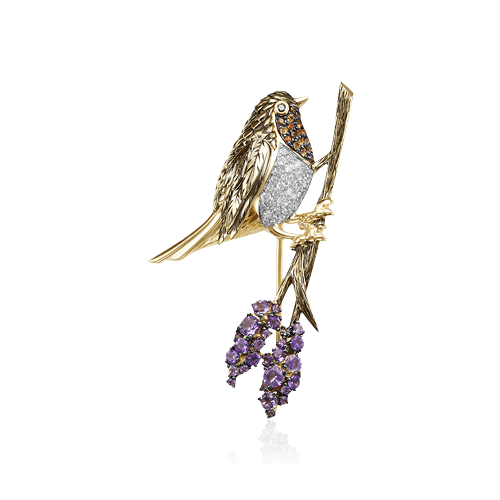 Брошь Птица на ветке с сапфиром, бриллиантами, аметистом из желтого золота 585 пробы, фото № 1