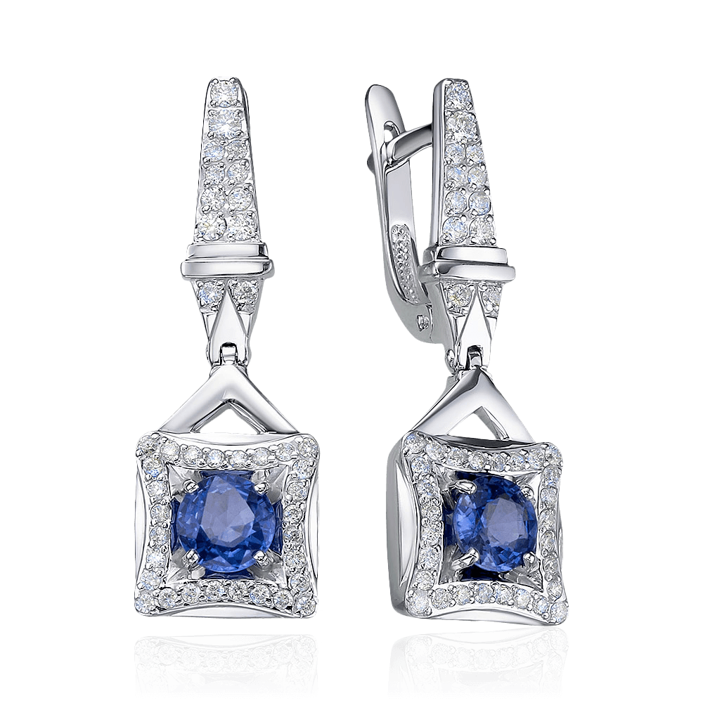 Серьги с сапфиром, бриллиантами из белого золота 585 пробы (арт. 106557)