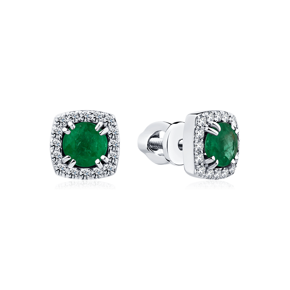 Серьги с изумрудом, бриллиантами из белого золота 585 пробы (арт. 126298)