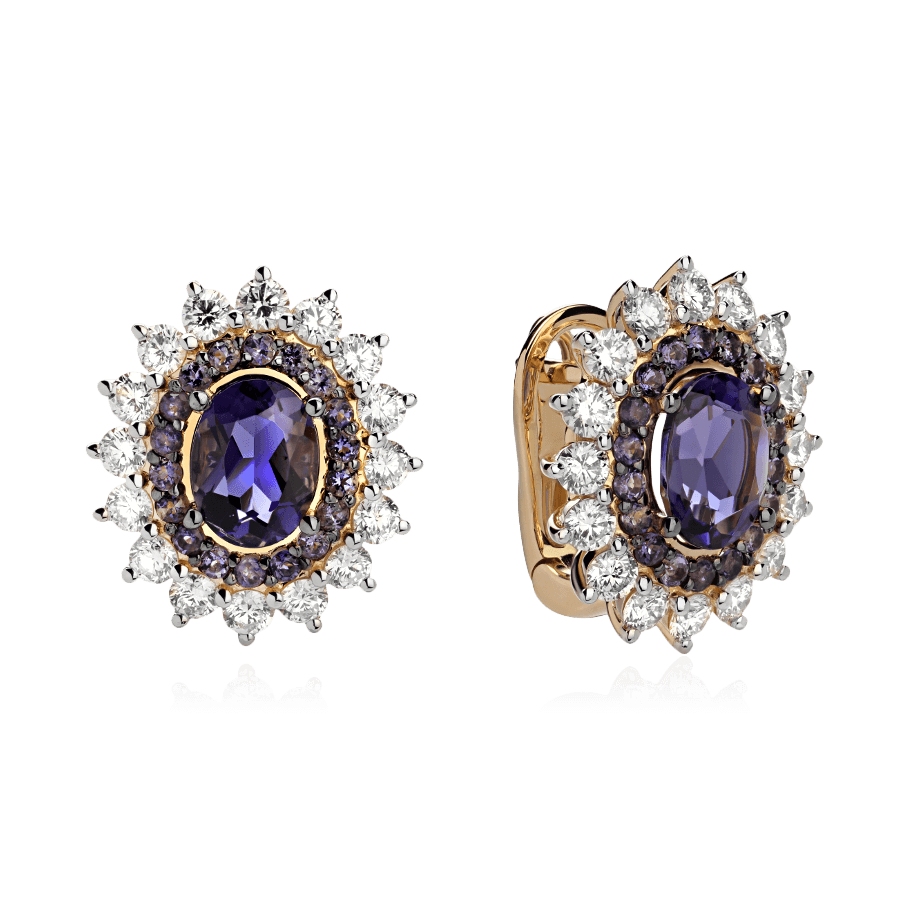 Серьги с иолитом, бриллиантами из желтого золота 585 пробы (арт. 90507)