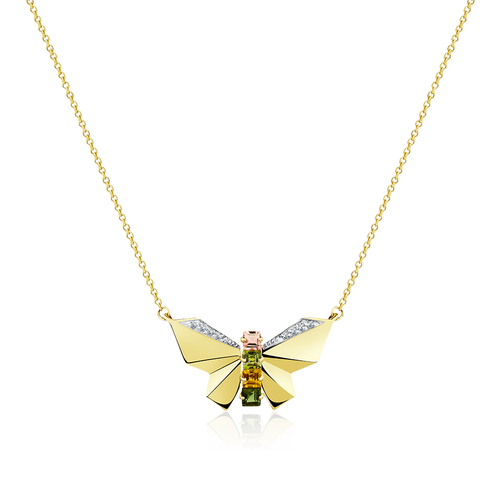 Колье в виде бабочки с бриллиантами, турмалином из желтого золота 585 пробы, фото № 1