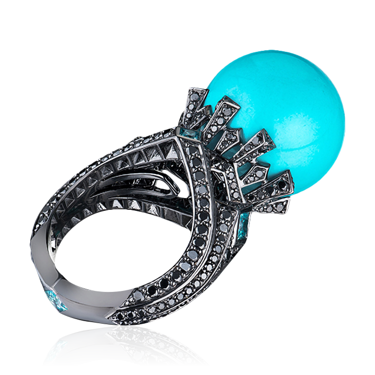 Кольцо с аризонской бирюзой, цирконами и бриллиантами из черненого золота 750 пробы, фото № 2